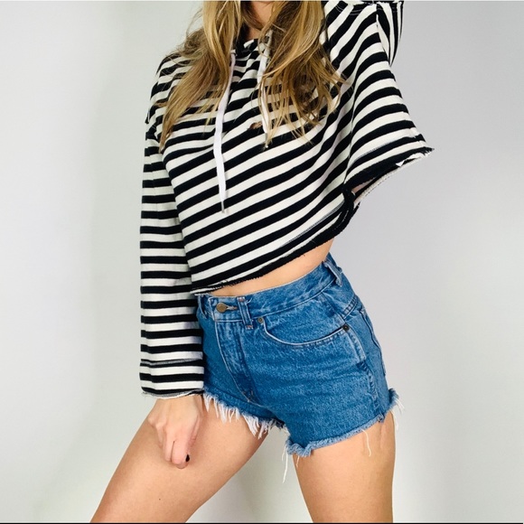splendid striped crop distressed hoodie sweatshirt - Picture 3 of 8